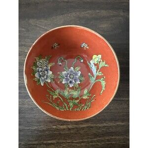 VTG Japanese Hong Kong 4.5" Floral Red Orange Enamel Porcelain Bowl Handpainted
